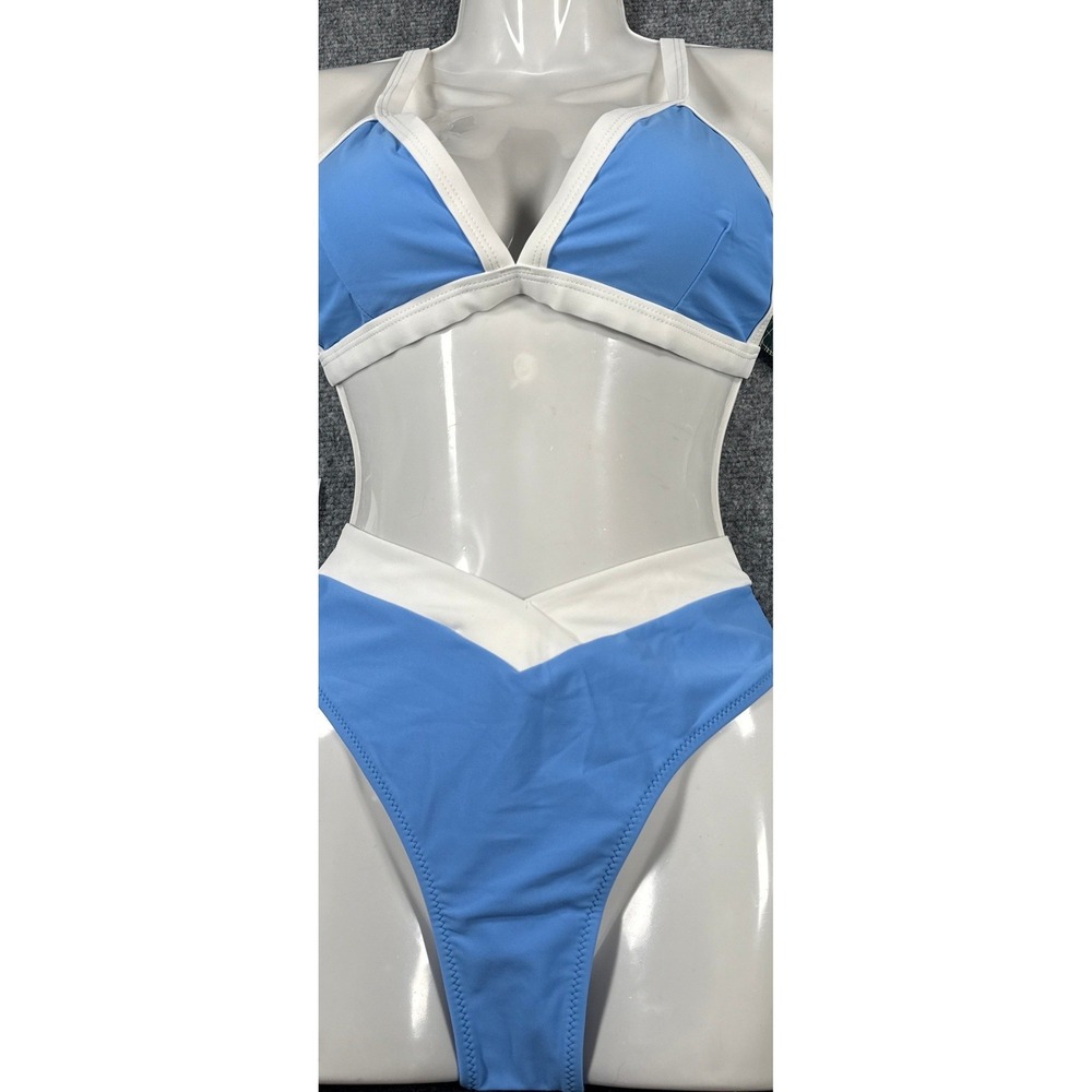 Blooming Jelly Womens Small Blue White Colorblock High Waist Bikini Set NWT